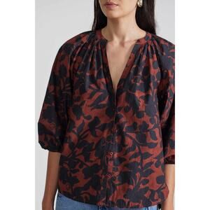 Apiece Apart Brown Black Puff Sleeve Button Down Mitte Blouse Cotton Women Small